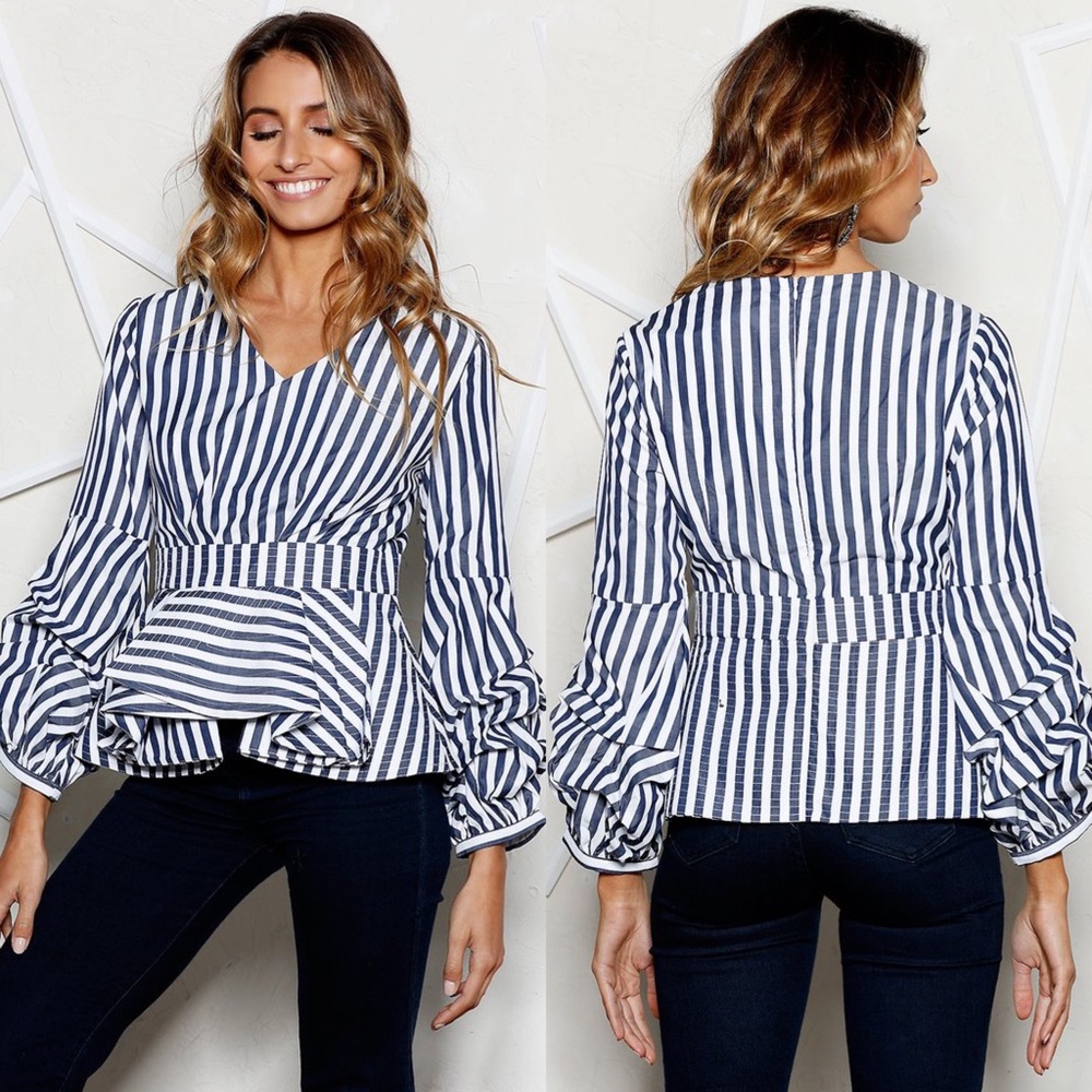 NWT Luxe by StyleKeepers Navy Striped Peplum Top